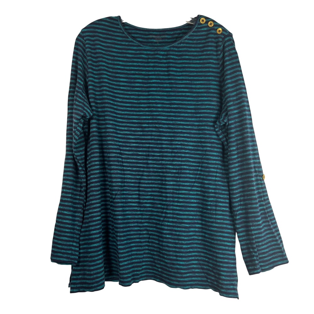 Coldwater Creek Womens XL 16 Striped Cotton Top Navy Teal Shoulder Buttons